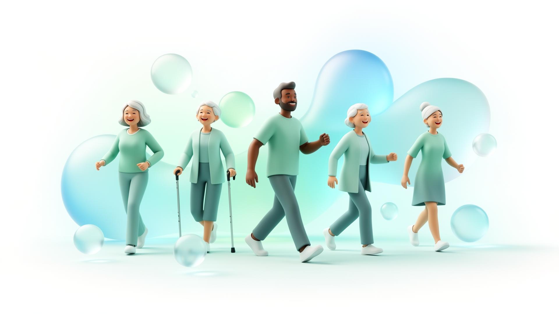 Diverse adults walking and moving joyfully